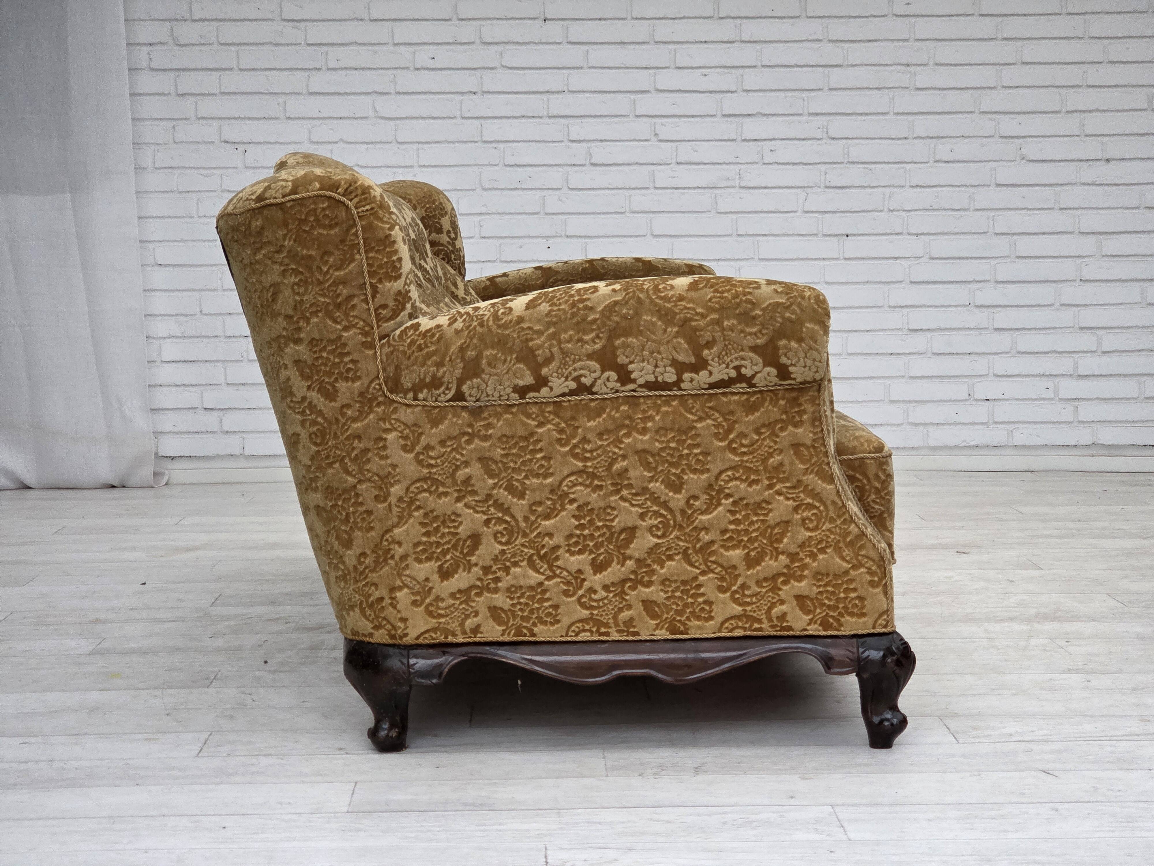 1950s, Danish 3-seater sofa, furniture velour, carved oak wood.