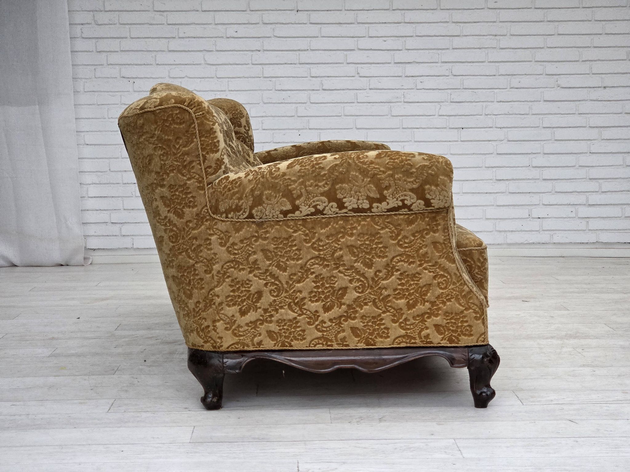 1950s, Danish 3-seater sofa, furniture velour, carved oak wood.