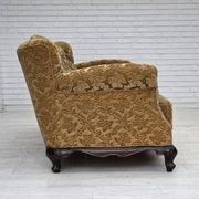 1950s, Danish 3-seater sofa, furniture velour, carved oak wood.