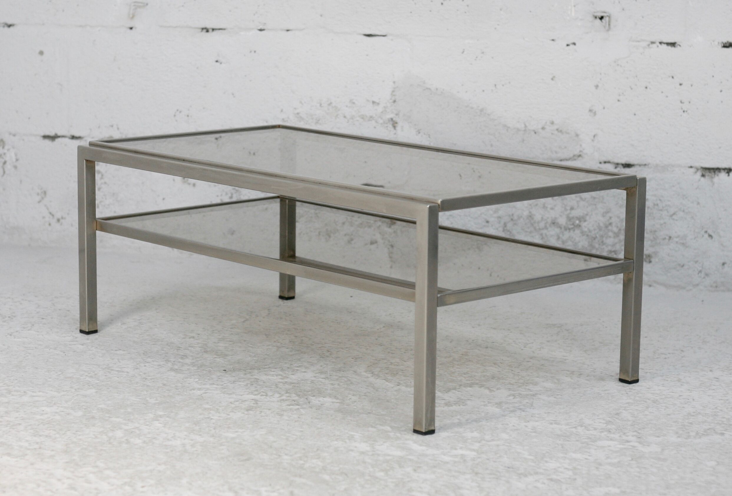 Double coffee table trays smoked glass steel. France, circa 1970