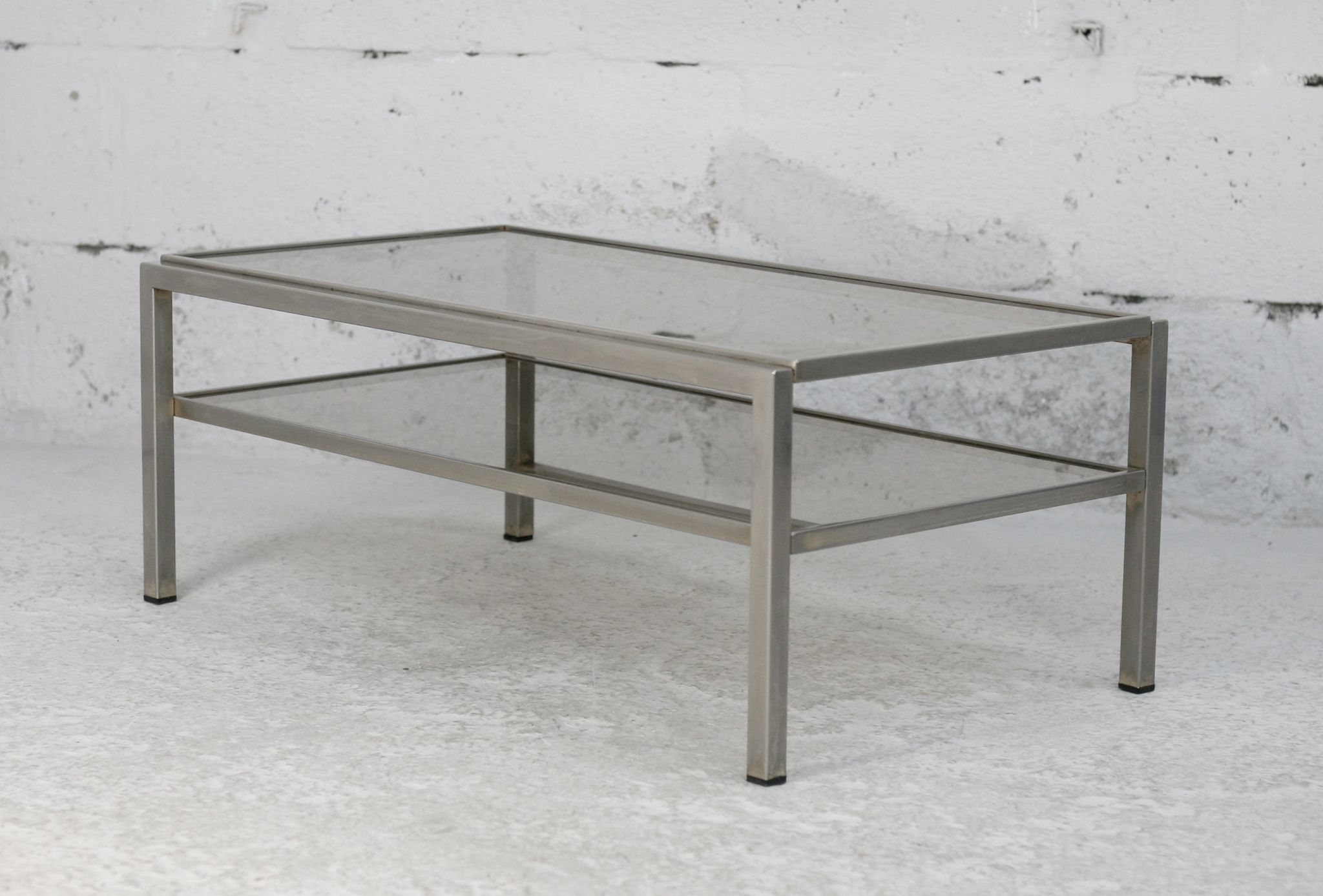Double coffee table trays smoked glass steel. France, circa 1970