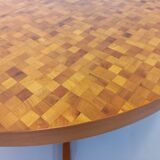Vintage round dining table from the 60s 70s in solid wood mosaic teak and walnut with extension