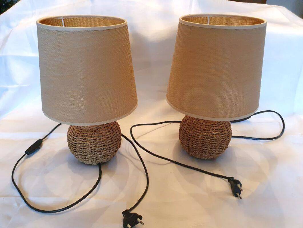 2 Small Vintage Braided Rope Lamps Height 32 cm