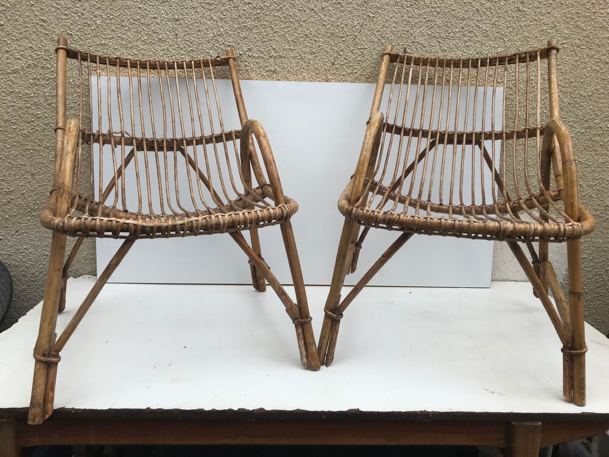 Pair old armchair in rattan curve base years 60 vintage x 2