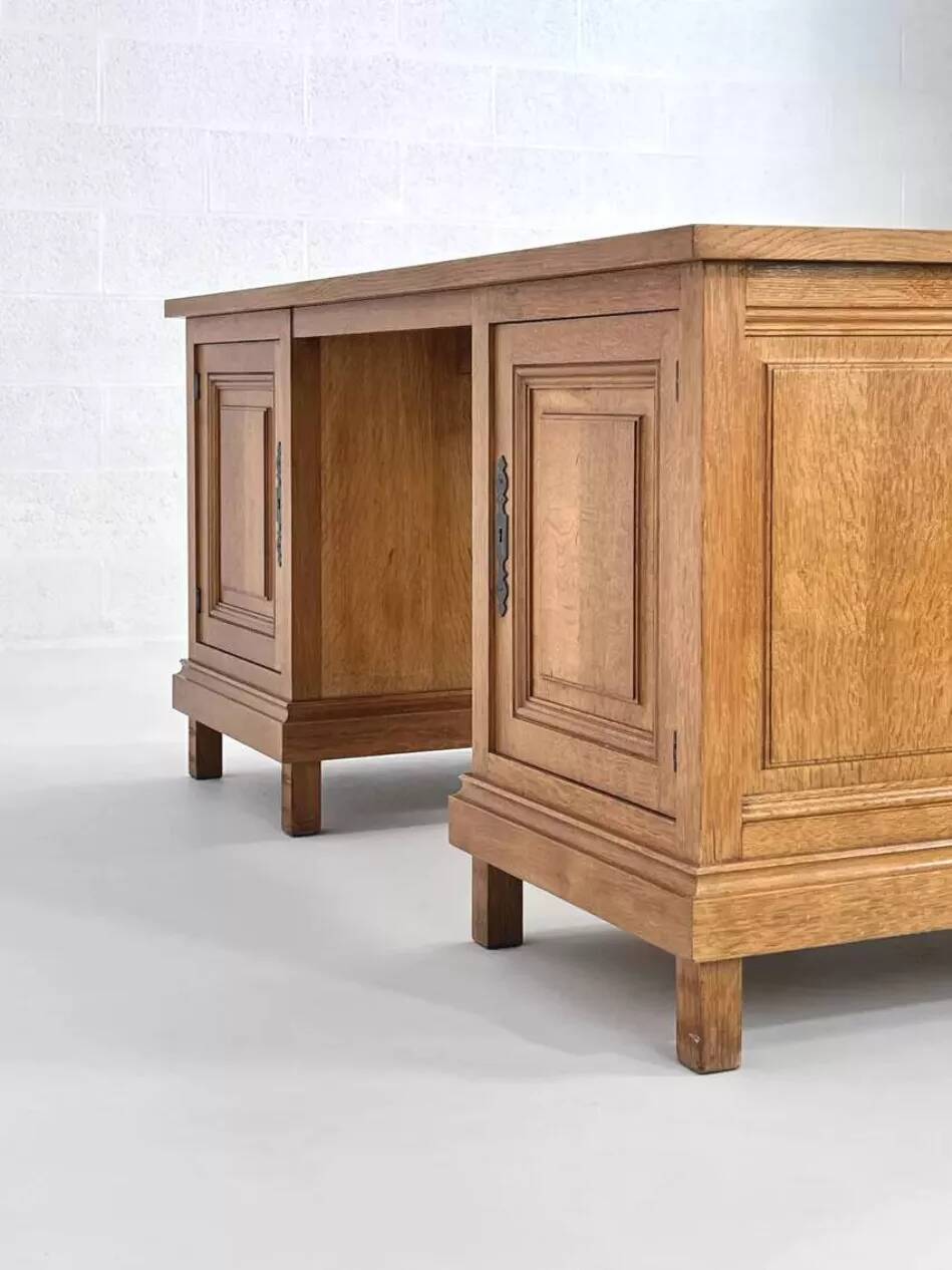 Bureau double face en chêne et cuir