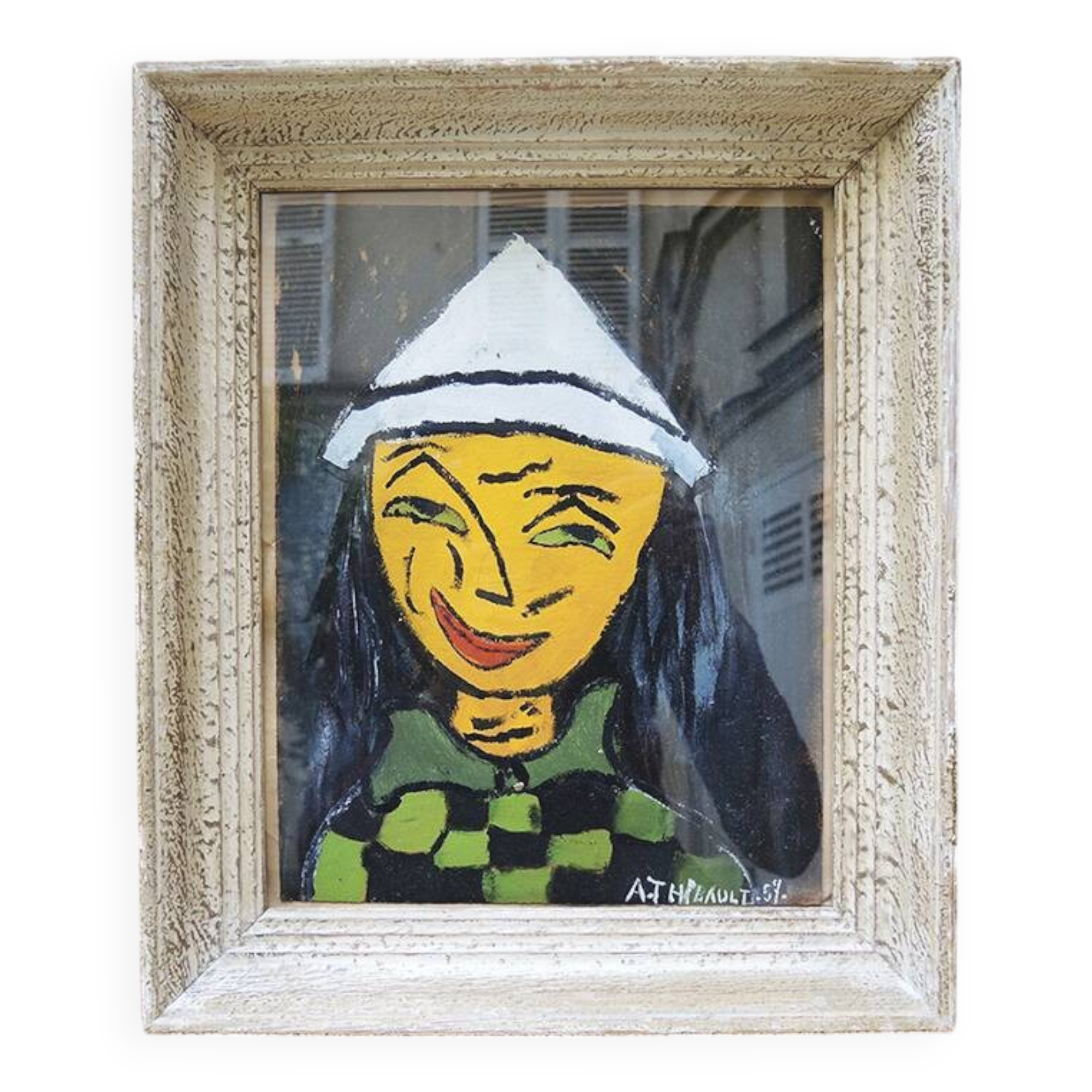 Antique framed & signed oil painting: harlequin