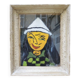 Ancien tableau à l'huile encadré & signé : arlequin