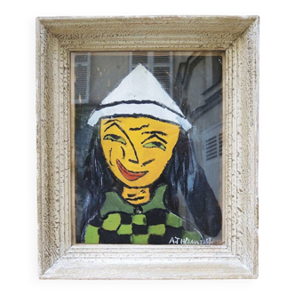 Ancien tableau à l'huile encadré & signé : arlequin