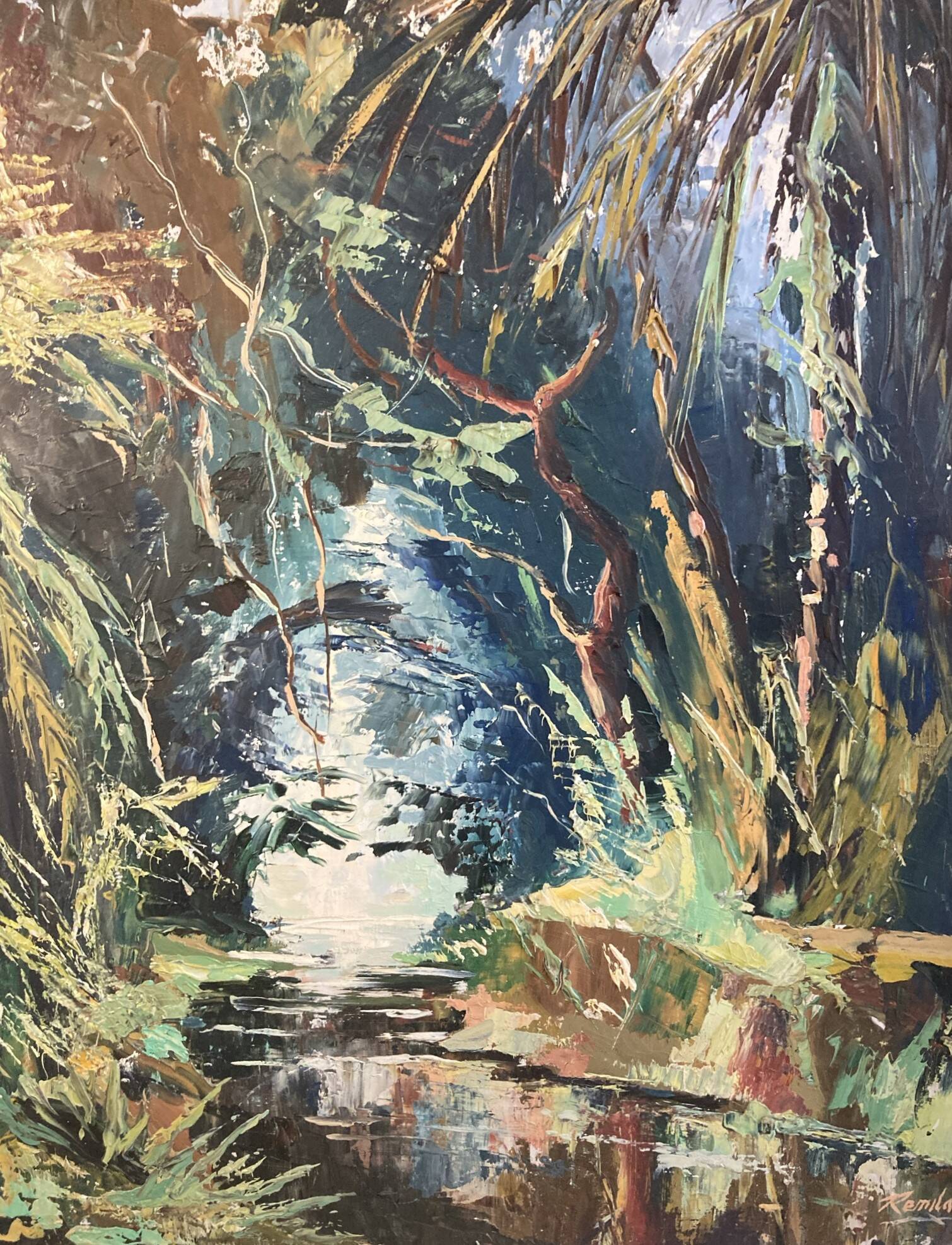 REMILANDOU, HSP tropical river landscape signed 20th century