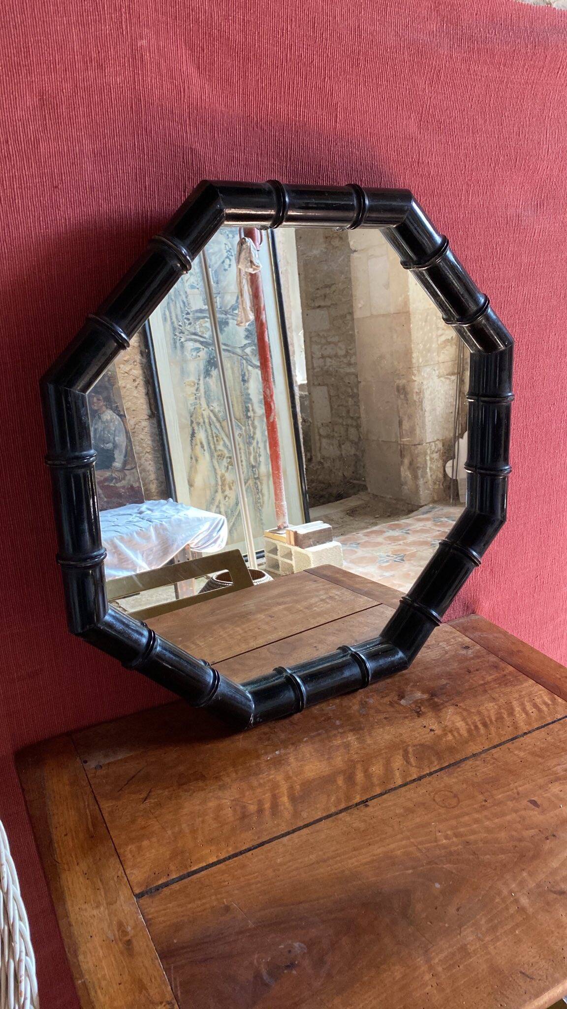 Black Bamboo Mirror from the 70s-80s