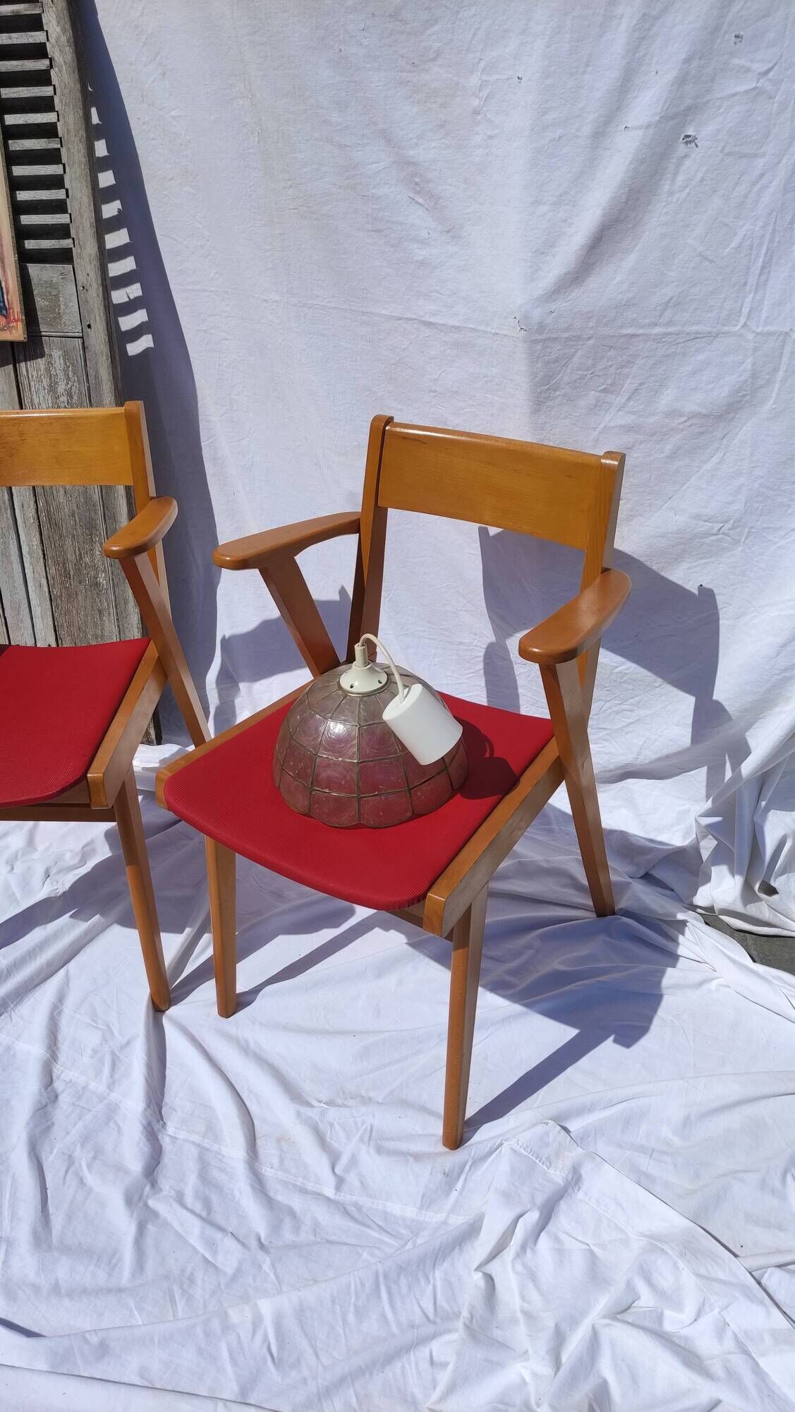 Pair of wooden armchairs and skaï foot compass of the 50s