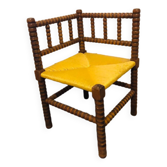 Vintage Art Deco corner chair in bobbin oak and straw, 1930s