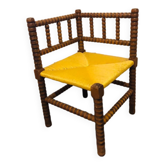 Chaise d’angle vintage Art Déco en chêne bobbin et paille, 1930