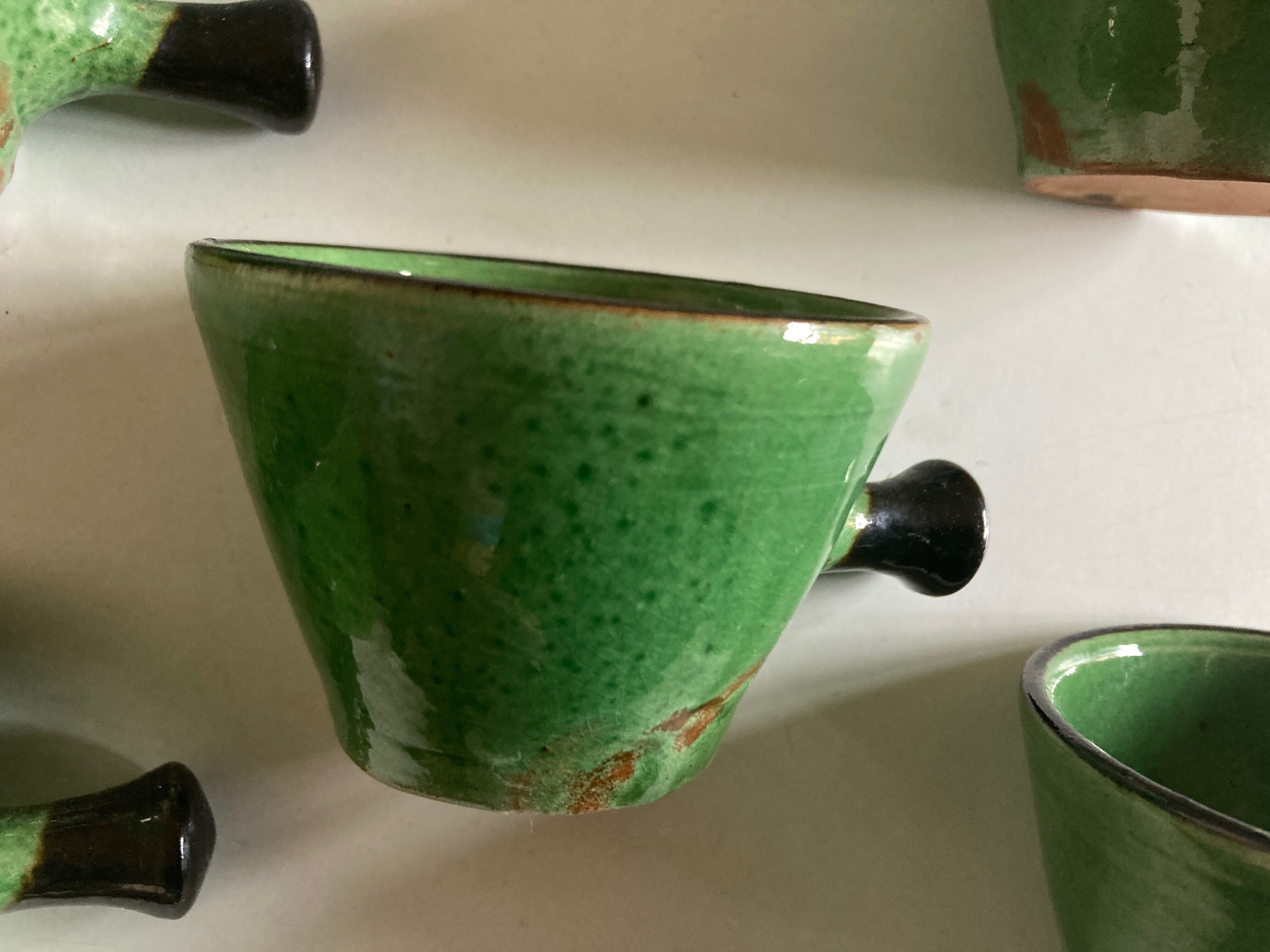 Set of 5 cups in green glazed clay Dieulefit 1960
