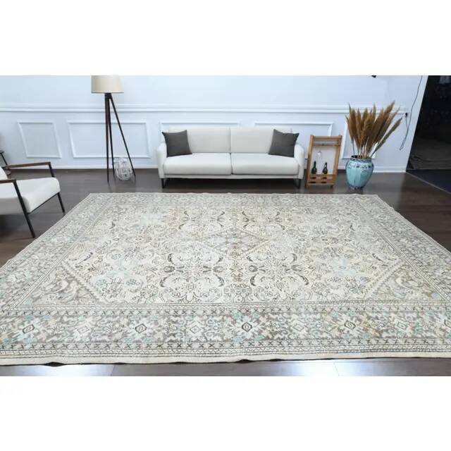 1970s Vintage Persian Handmade Wool Cotton Beige Area Rug 291x387