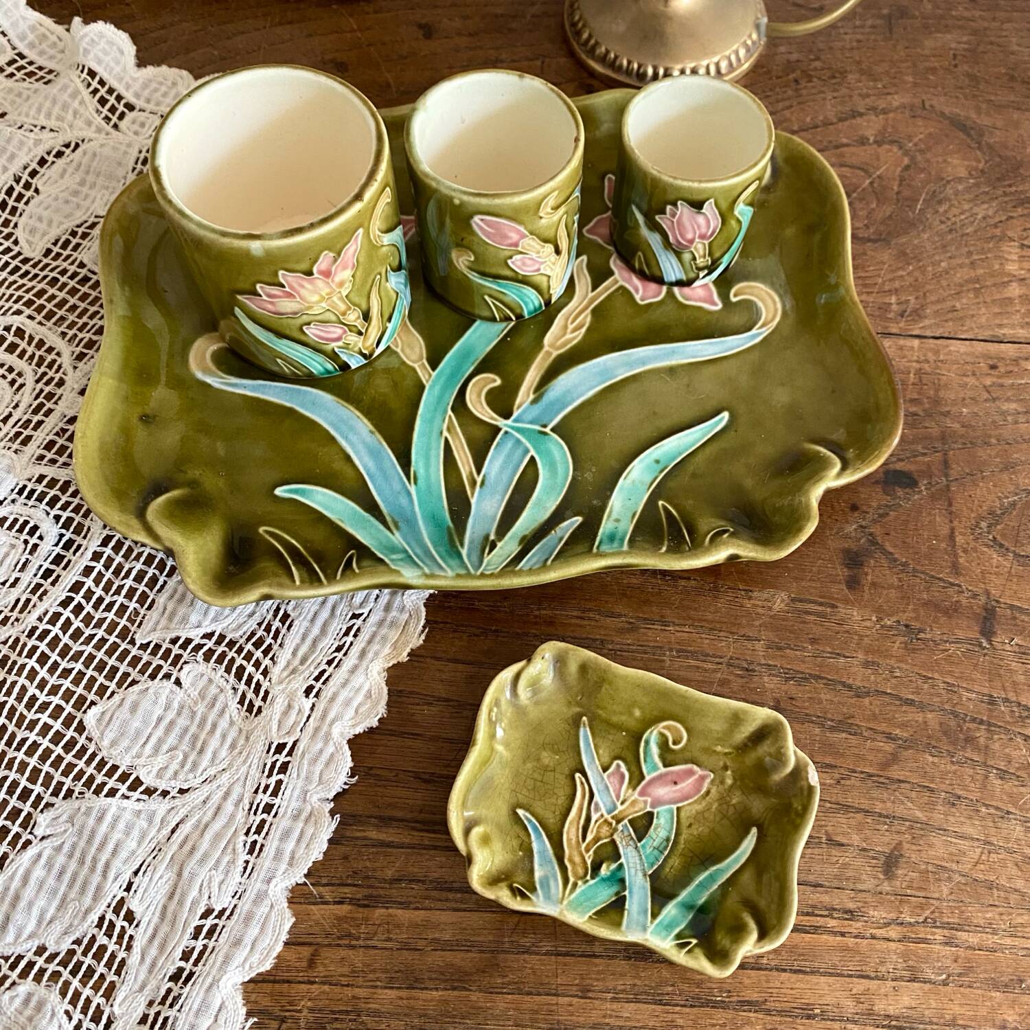 Antique Art Nouveau barbotine tobacco service