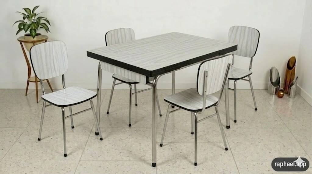 Ensemble Table et 4 chaises Formica Blanc et zébrures grises ou brunes