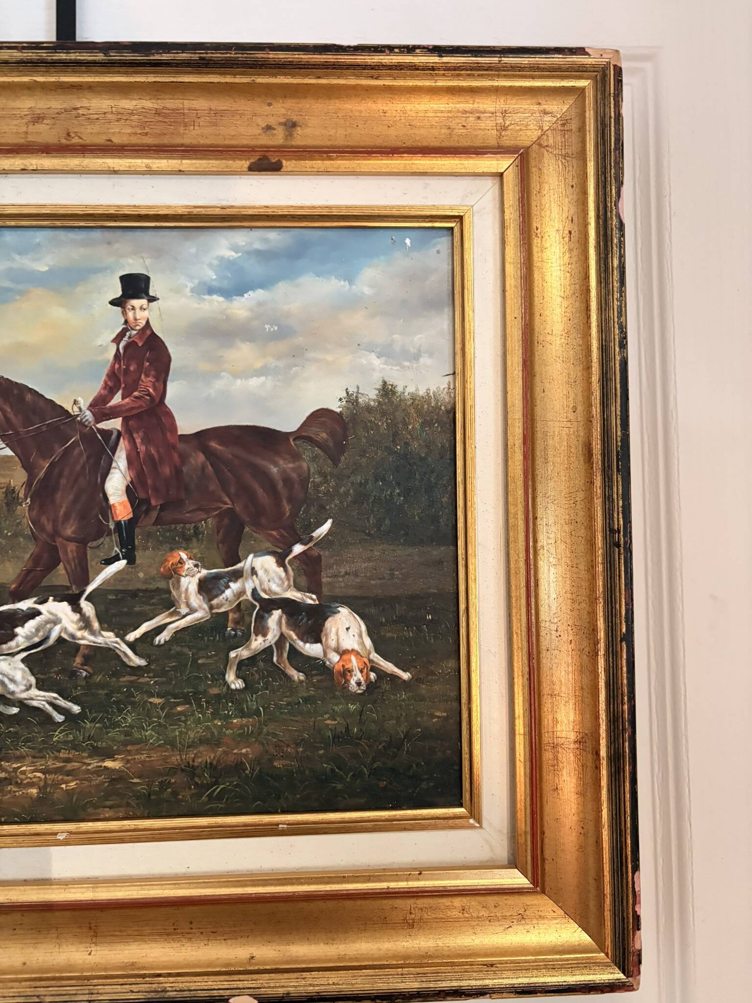 Oil Painting on Wood Panel with Golden Frame, English Hunting Dog