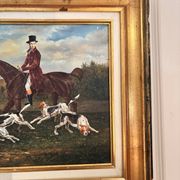Oil Painting on Wood Panel with Golden Frame, English Hunting Dog