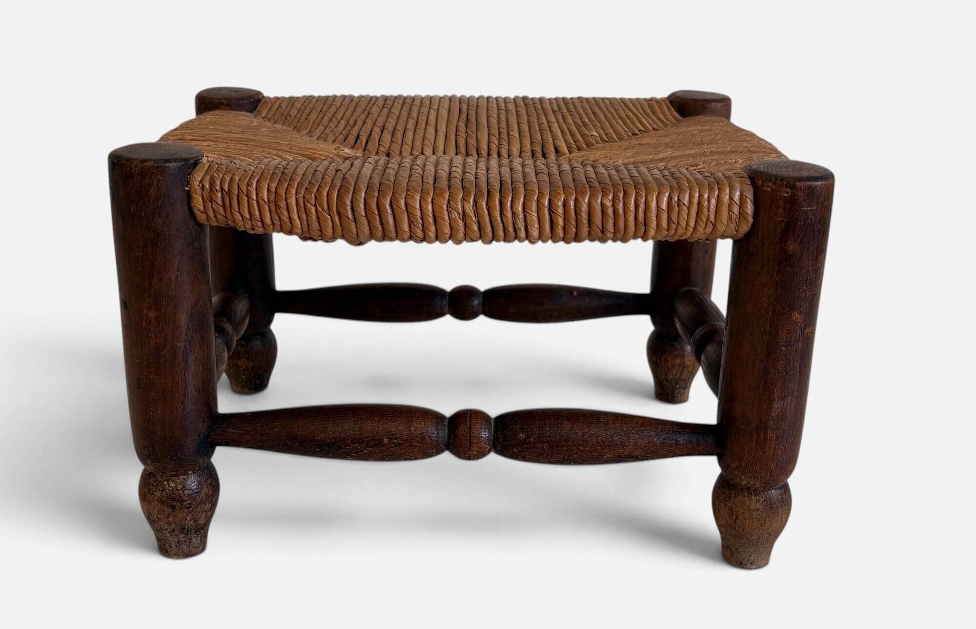 Rustic French Low Footstool in Turned Wood and Rush, Early 20th Century