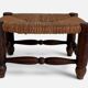 Rustic French Low Footstool in Turned Wood and Rush, Early 20th Century