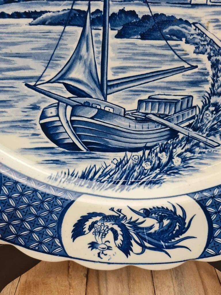 Large decorative wall plate blue and white windmills Delft style 41 cm