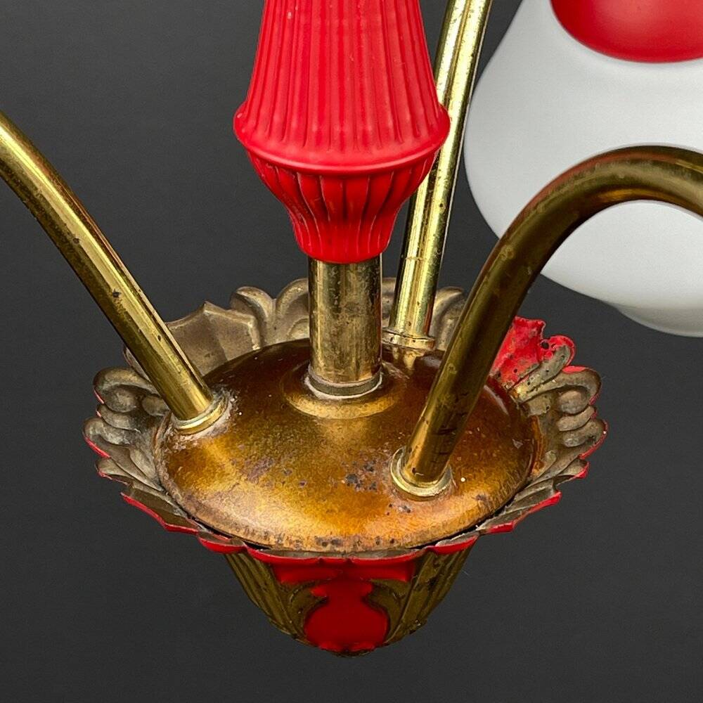 Italian vintage chandelier in brass and milky glass with 3 arms, 1950s.