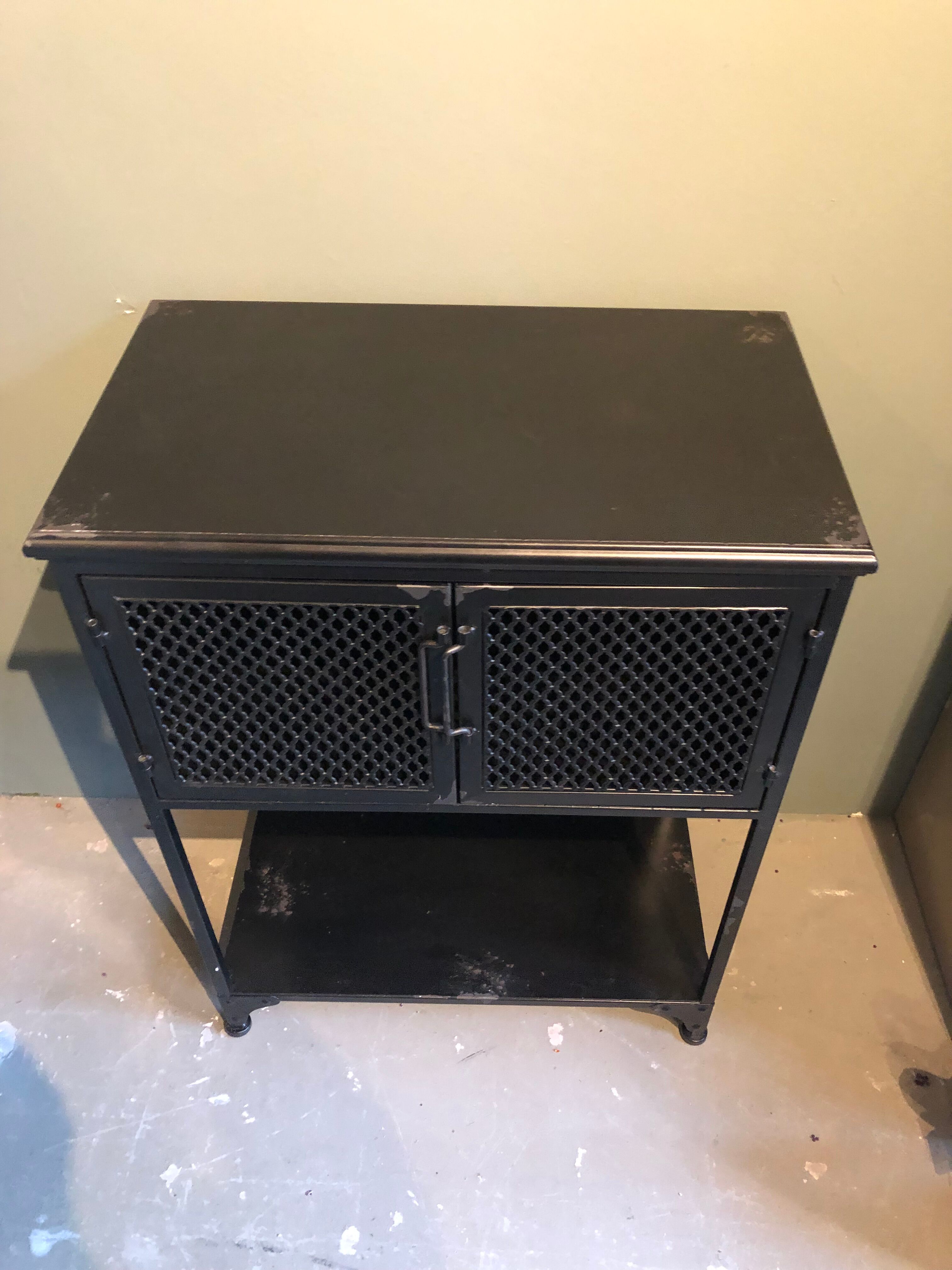 Black industrial glass cabinet with Louvre doors