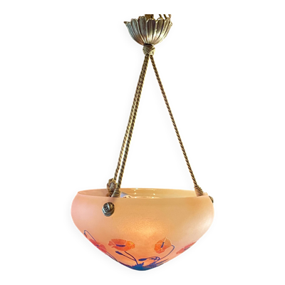 Suspension, lustre en pâte de verre gravée ''La Rochère'', année 80
