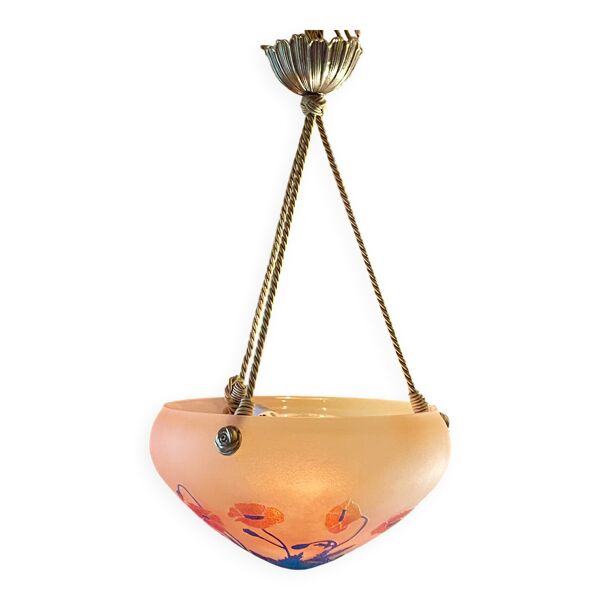 Suspension, lustre en pâte de verre gravée ''La Rochère'', année 80 — Beyit