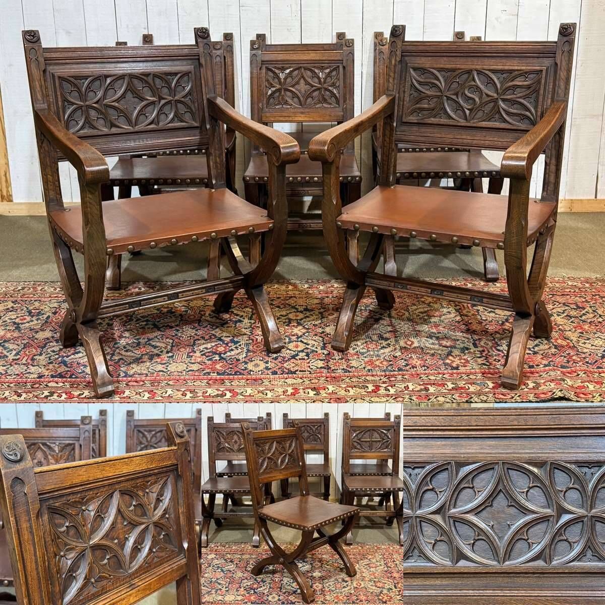 Suite de 6 chaises et 2 fauteuils en chêne et cuir à décor gothique