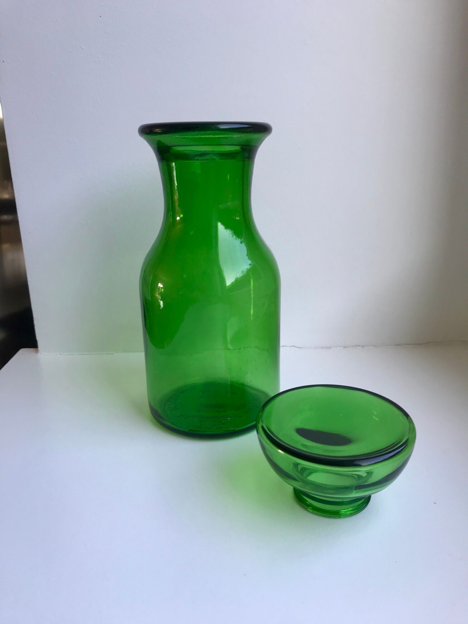Green glass apothecary decanter made in belgium 70s