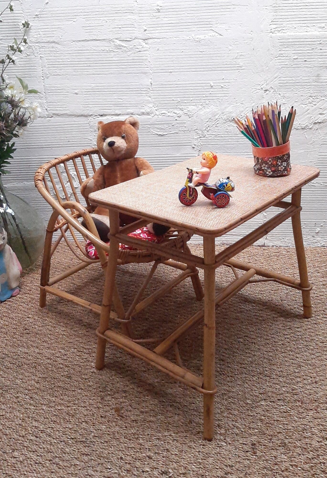 Set desk and armchair child rattan wicker 70s