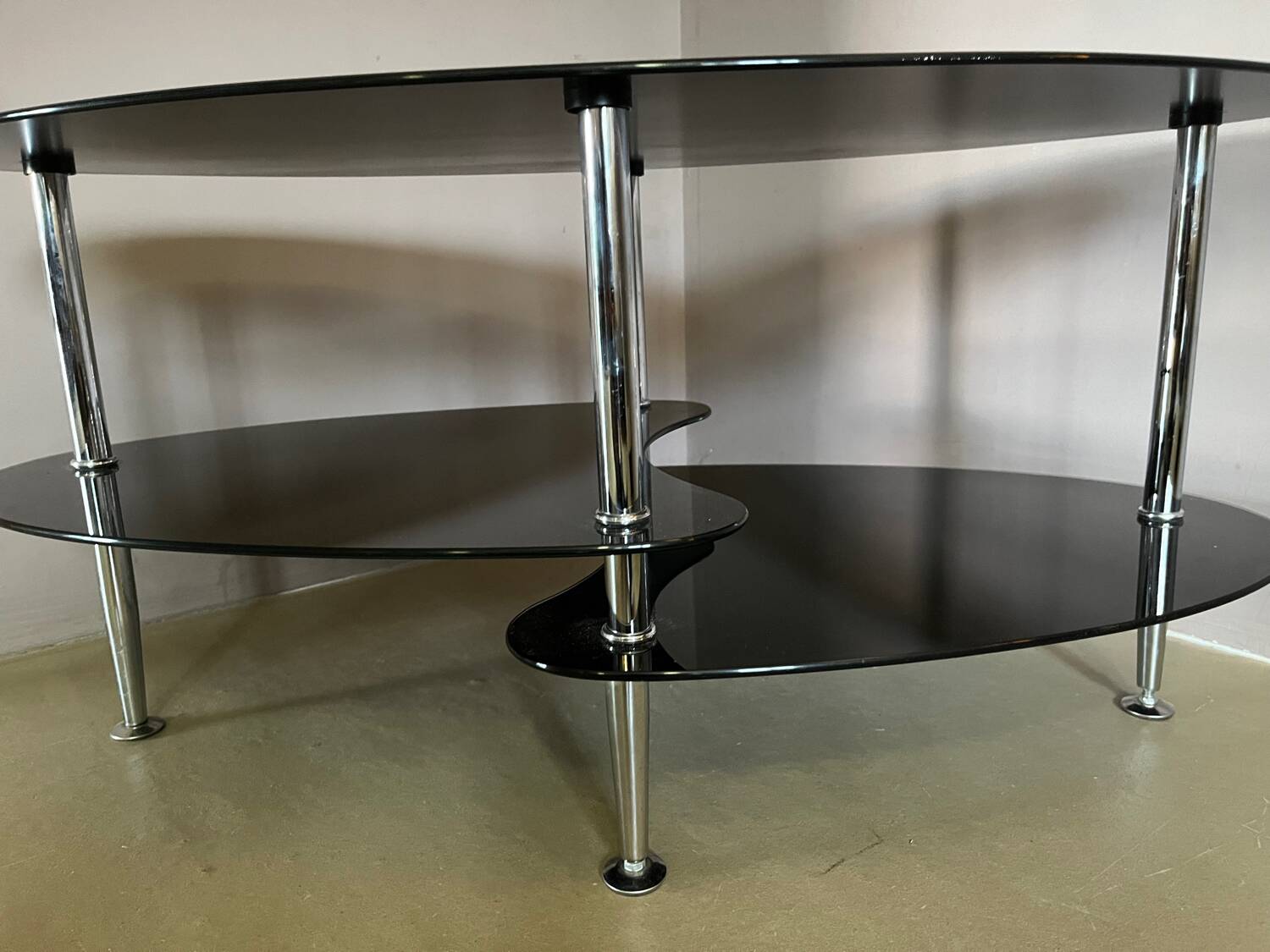 Vintage triple coffee table with smoked glass and chrome top