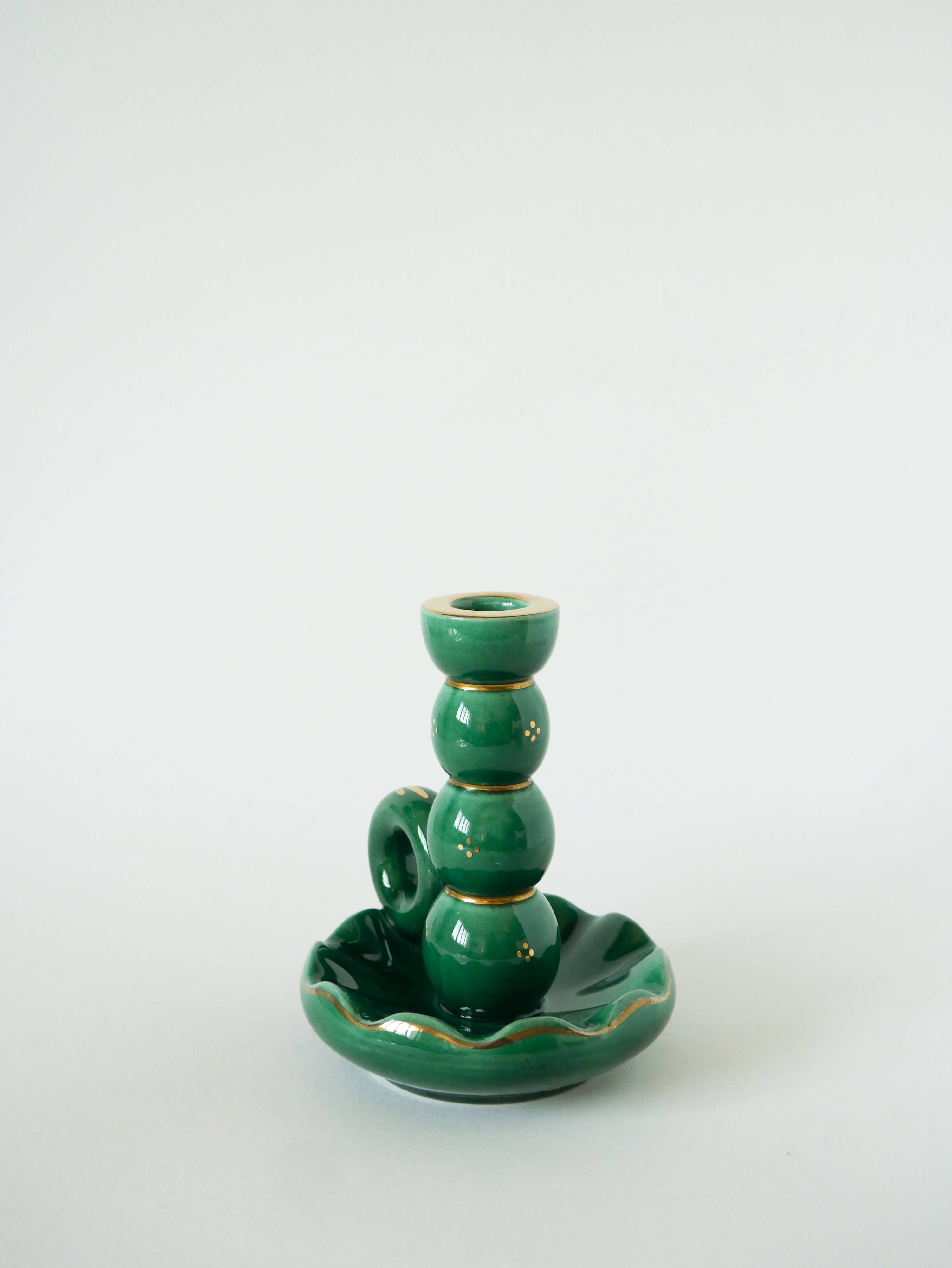 ceramic candle holder, Green & Gold, 1960