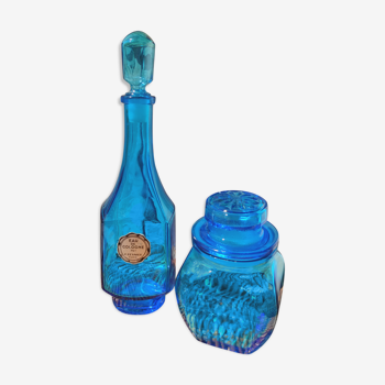 Duo of bottle and blue apothecary jar