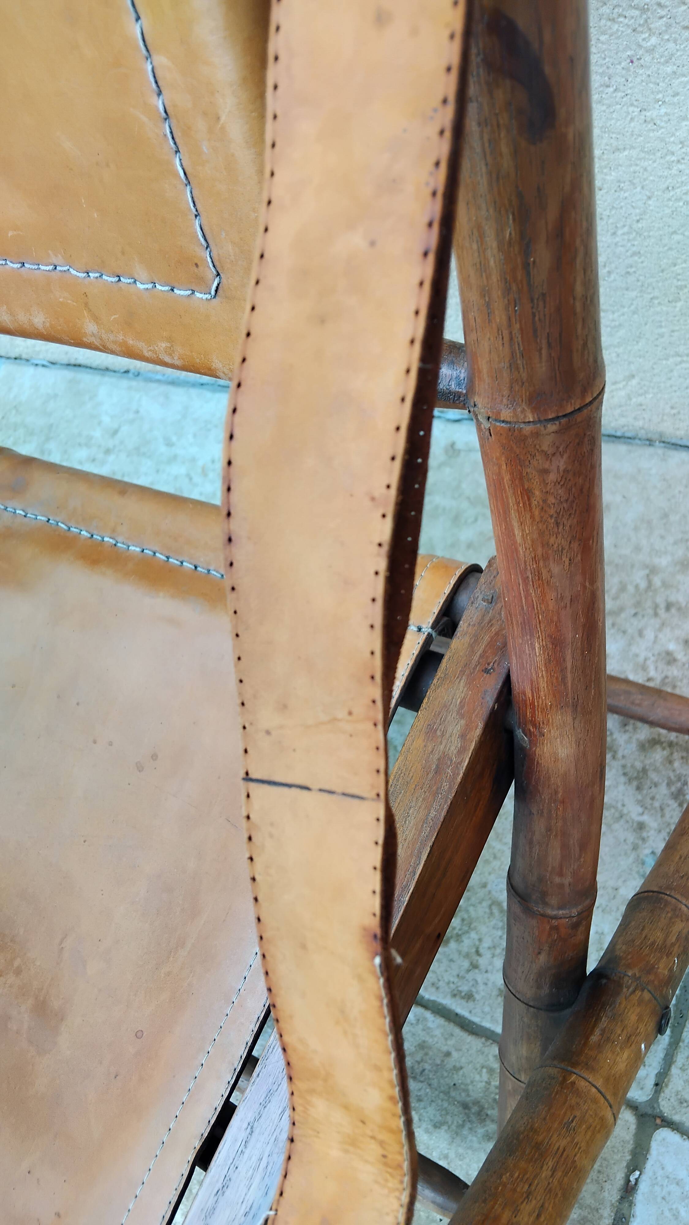 Vintage leather and wood folding chair SAFARI pair