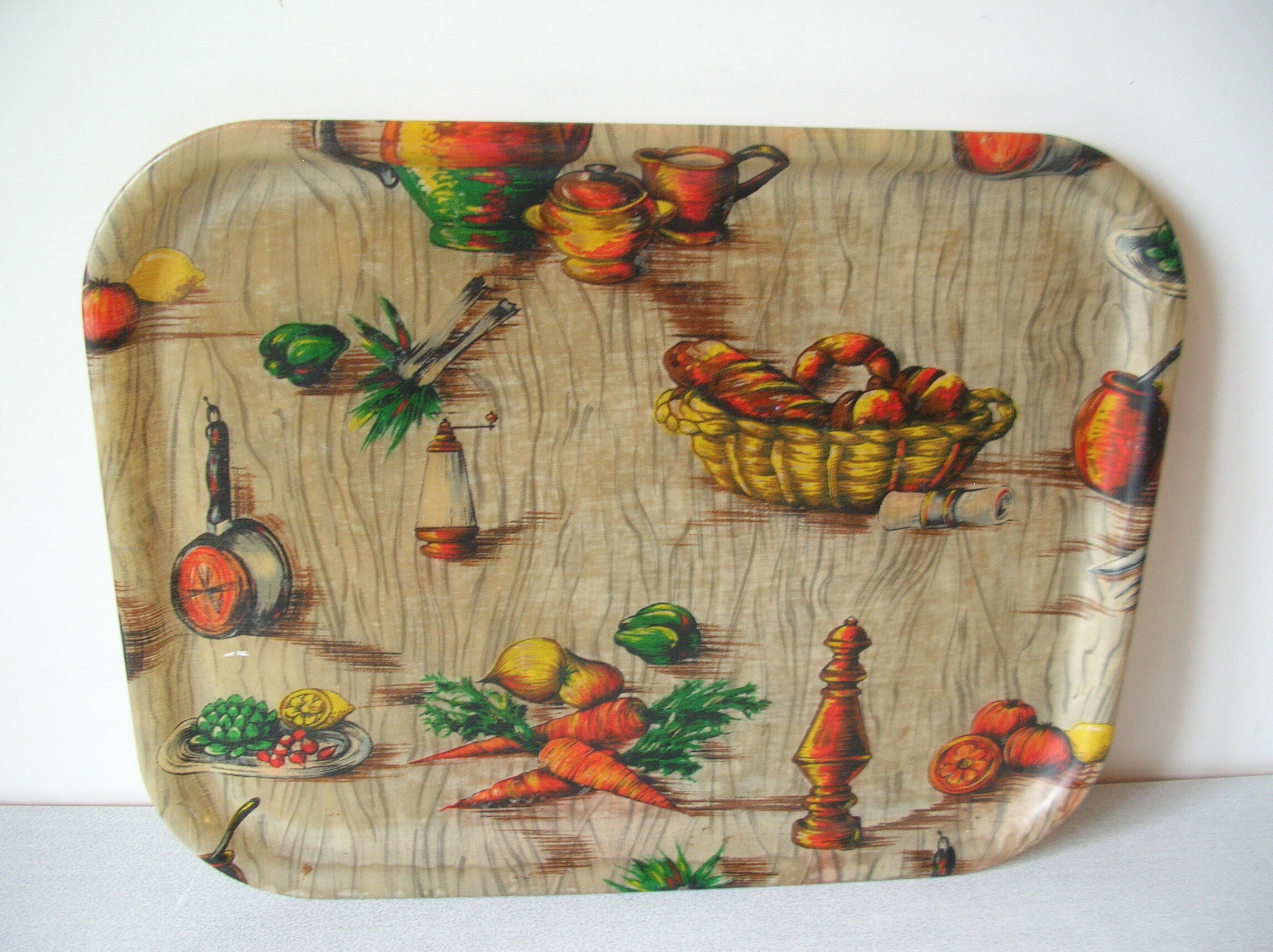 Old service tray 1950s/60s fiberglass decoration carrot bread kitchen