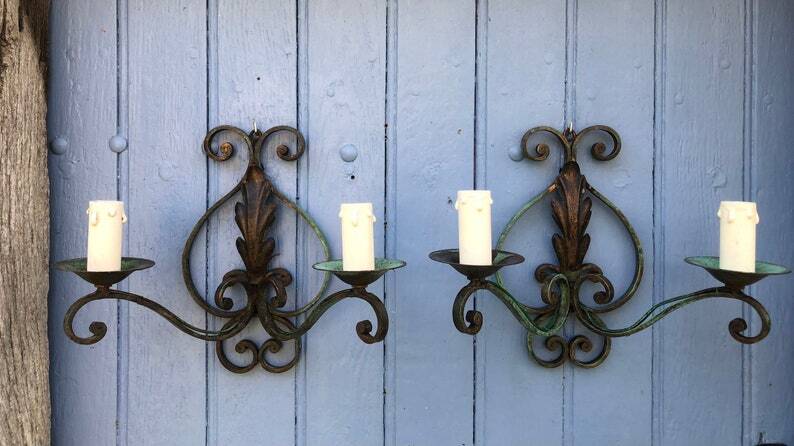 Art Deco Wrought Iron Wall Sconces: French Tole Twin Arm Lights