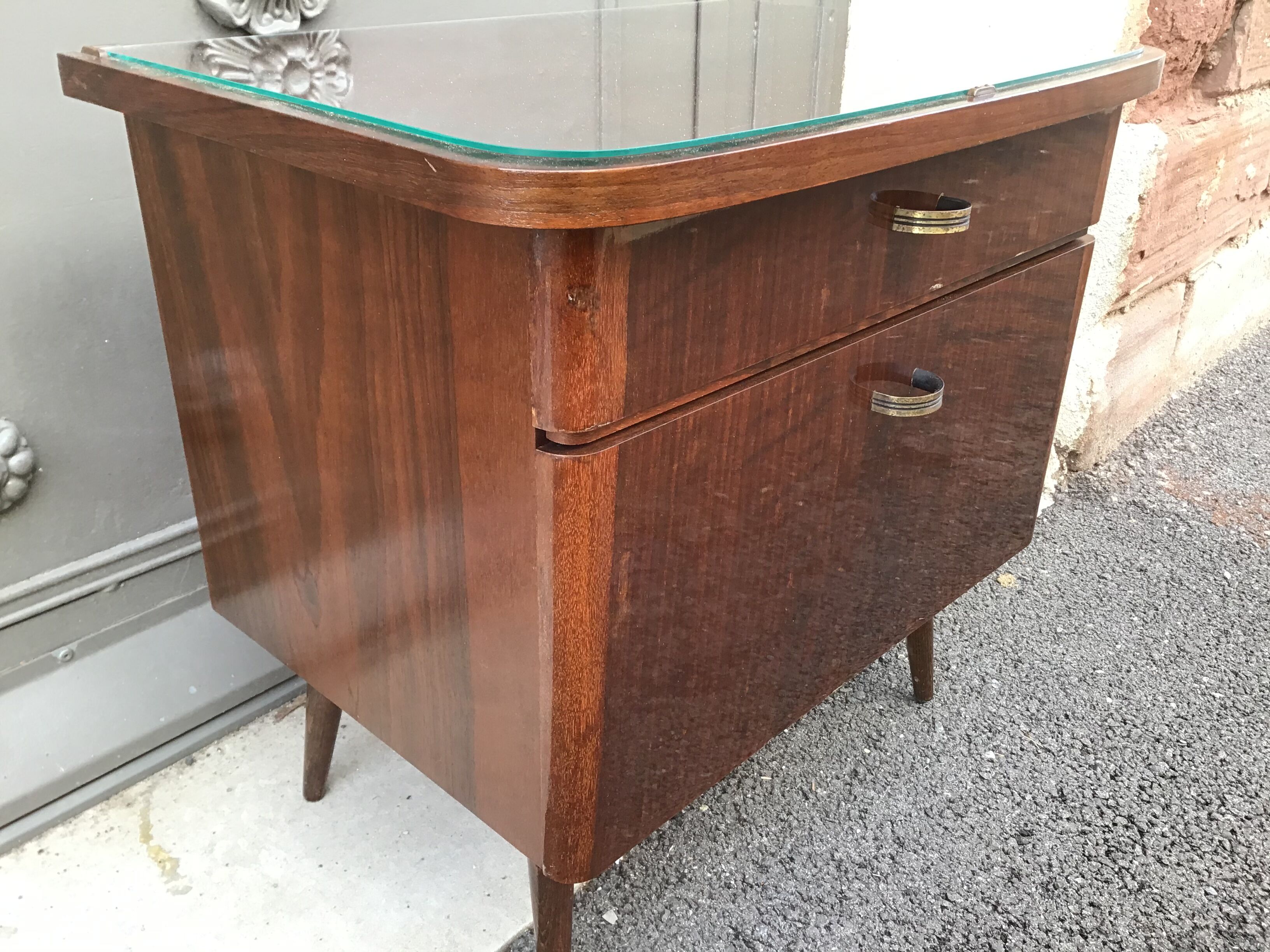 Scandinavian bedside feet compass 1970 walnut