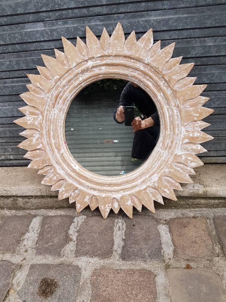 "Sun" mirror in carved wood and ceruse (70 cm)