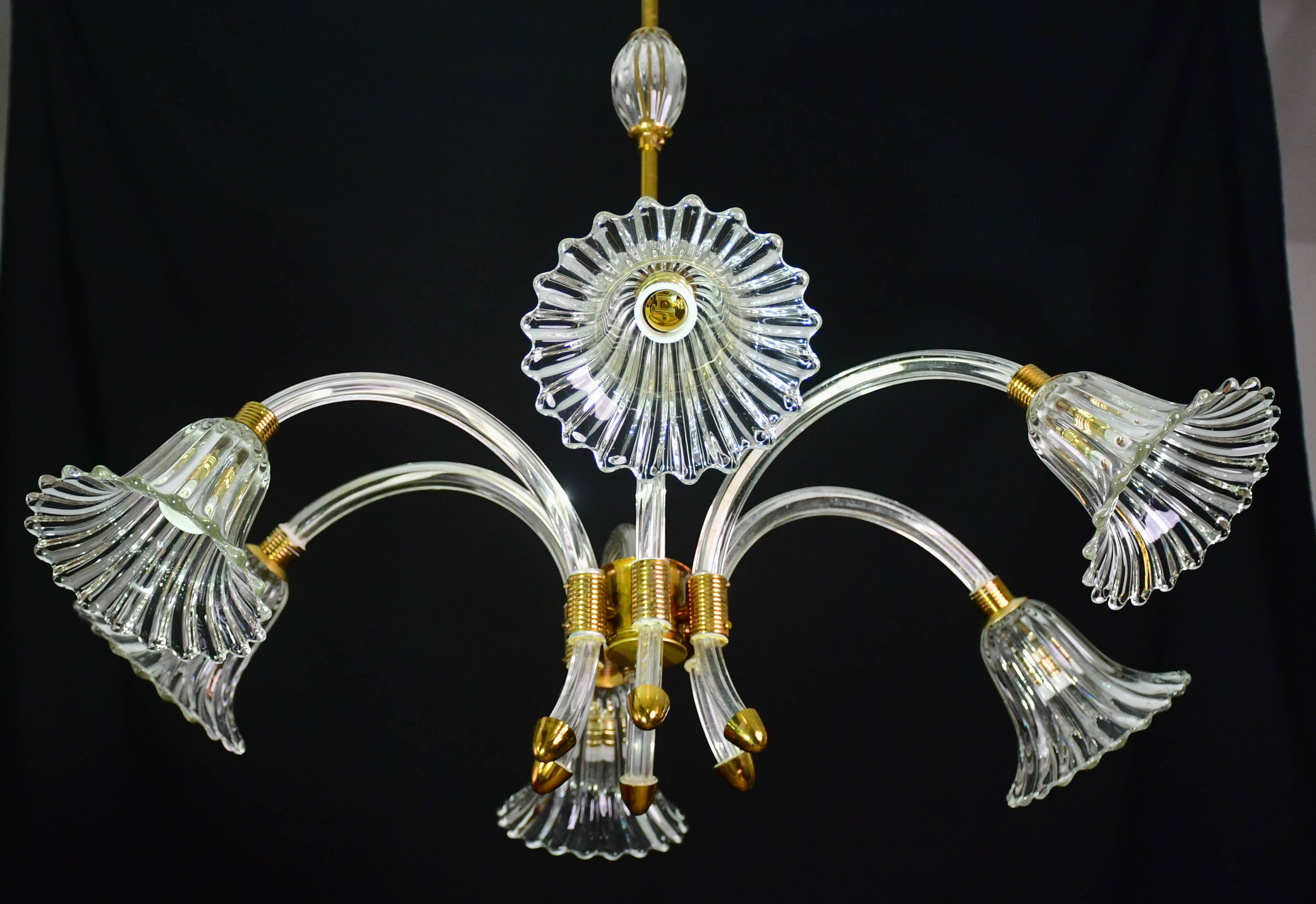 Amazing 6 light Art Deco Murano glass and brass chrome chandelier by Barovier
