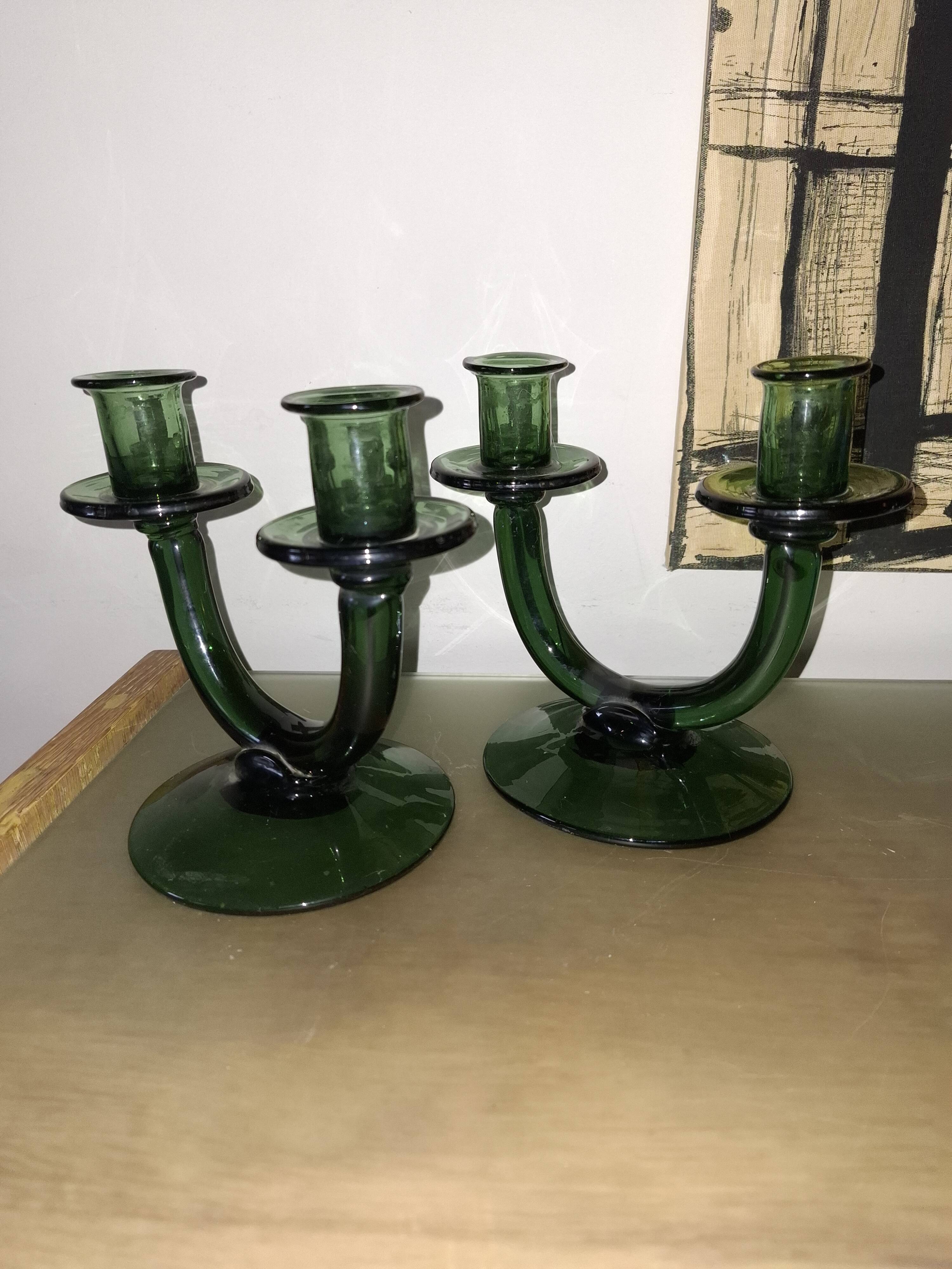 Pair of blown glass candlesticks