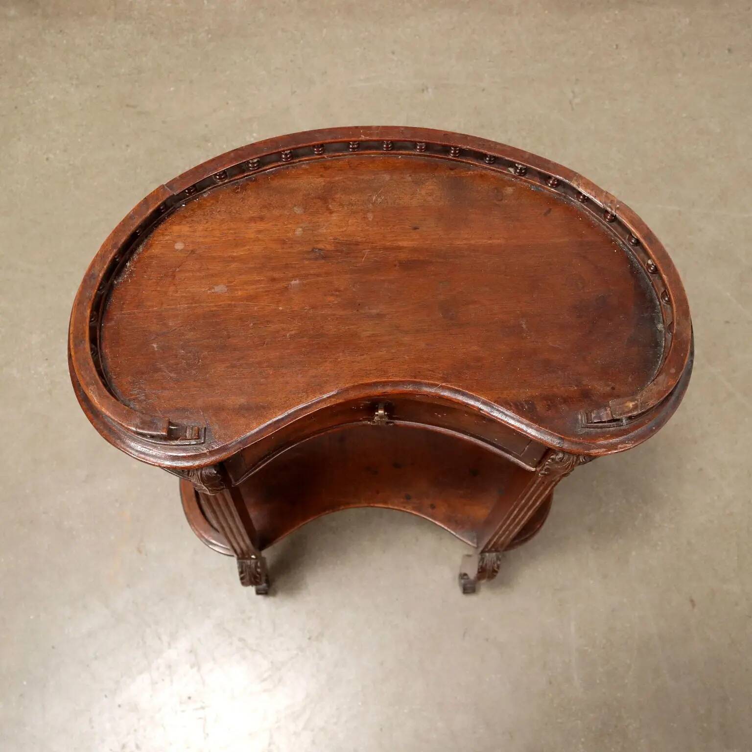 Antique walnut coffee table with decorations, Italy, 19th century.