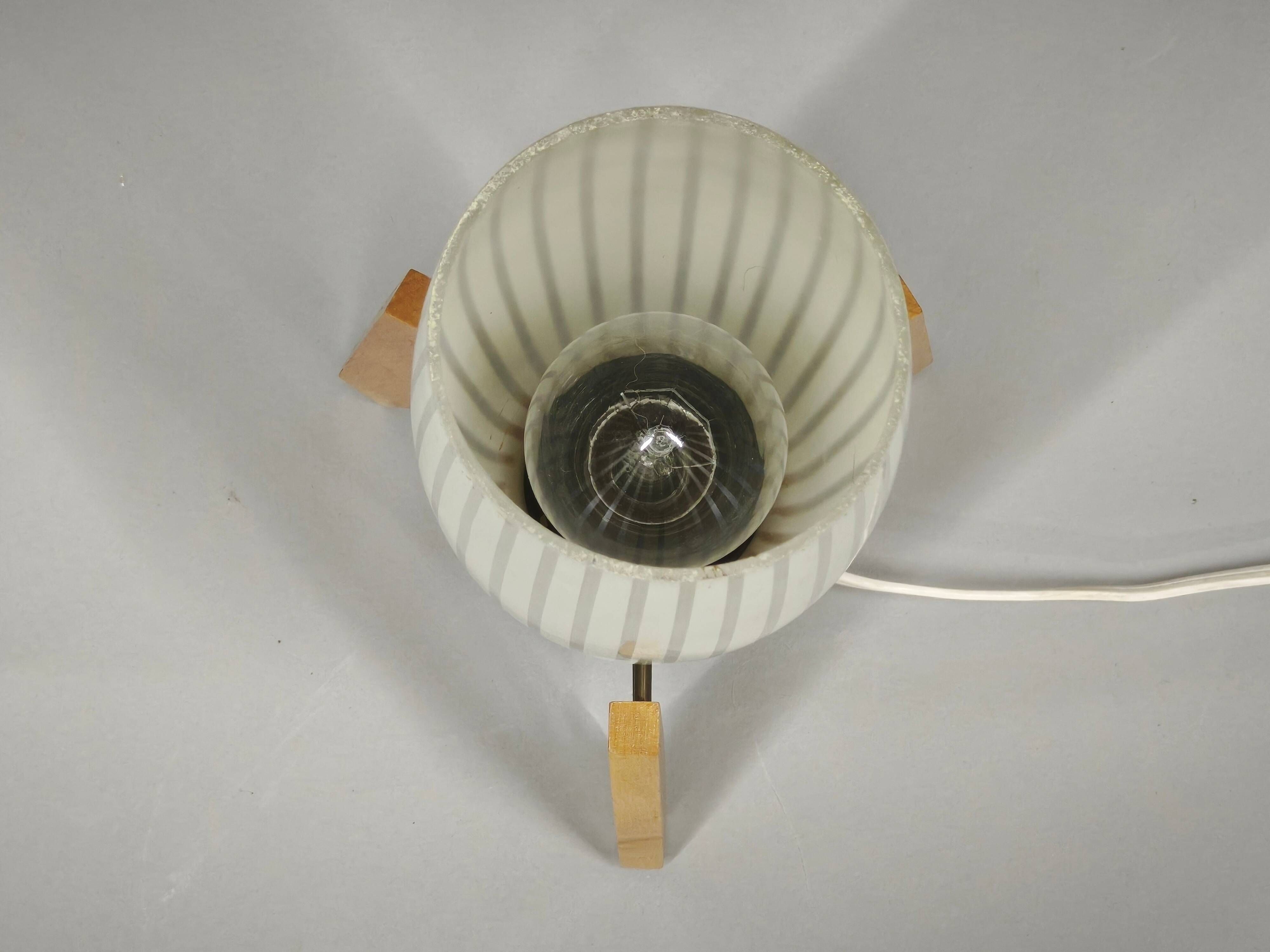 1970s Czech Mid-Century Glass and Wood Tripod Table Lamp by Dřevo Humpolec