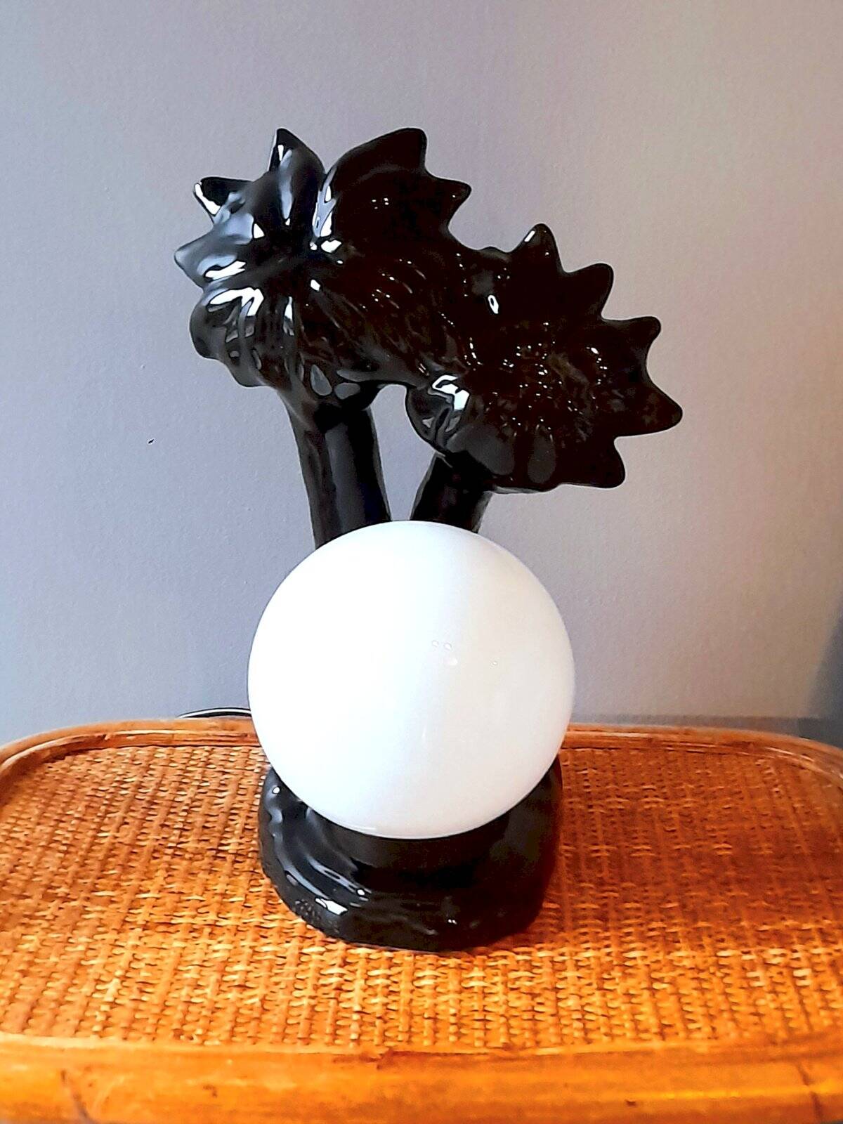 Lampe palmier en céramique 1980 vintage blanc/noir Mathias