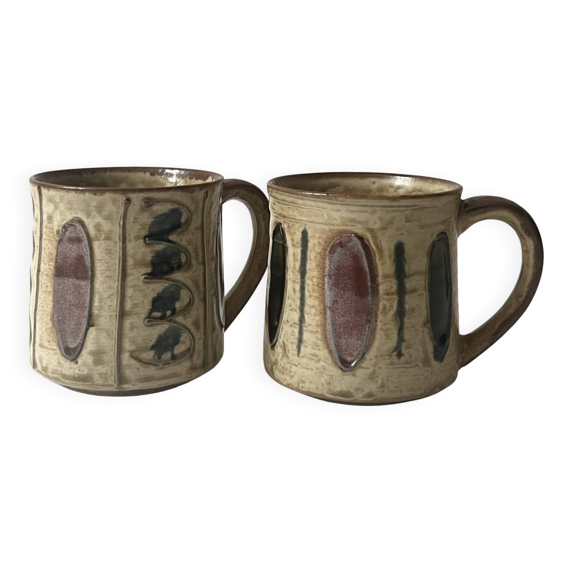 Set of 2 glazed ceramic coffee mugs from around 1970.