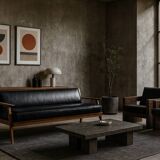 Vintage Mid-Century German Modern Oak & Black Leather Sofa, 1960s