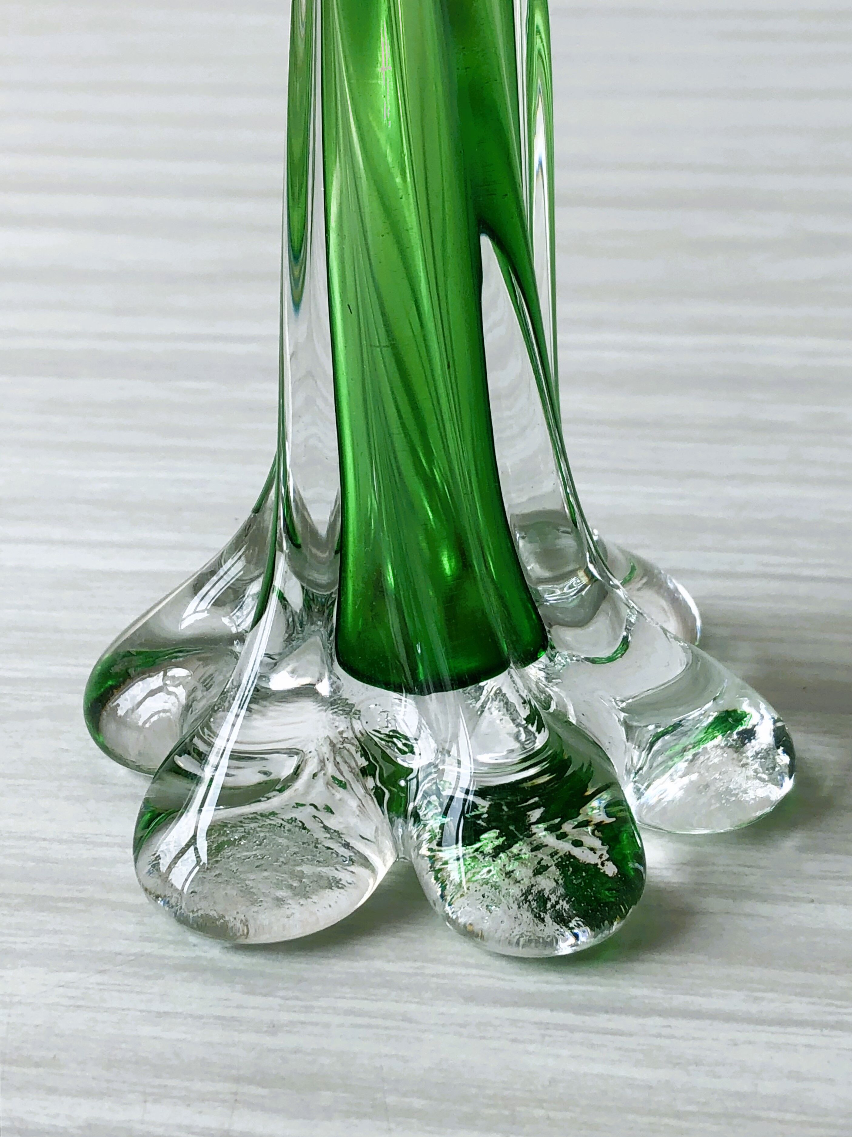 Translucent glass soliflora, long spiral twisted vase with flower-shaped foot