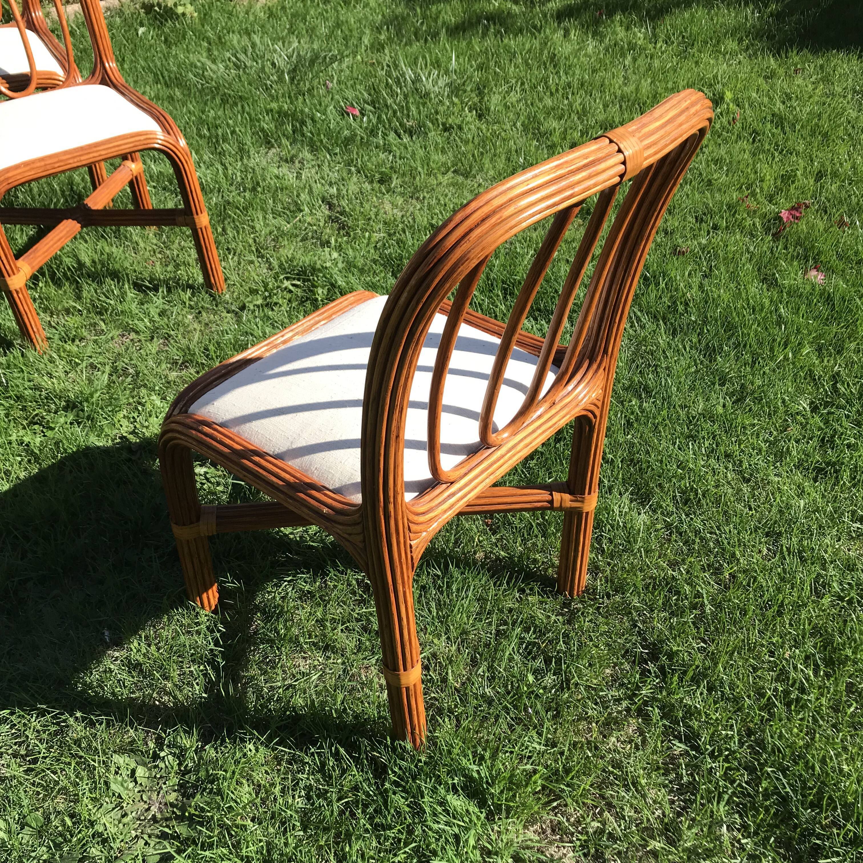 4 vintage rattan chairs seated linen and unbleached hemp